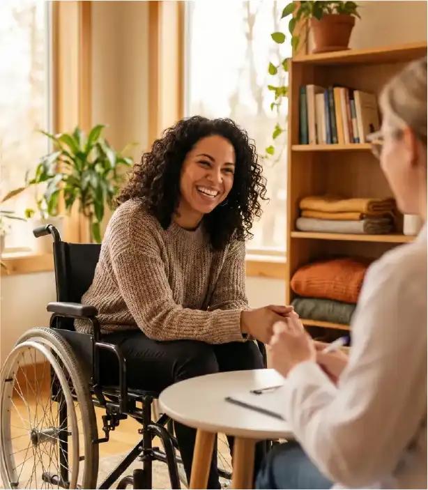 Woman in wheelchair speaking with psychologist
